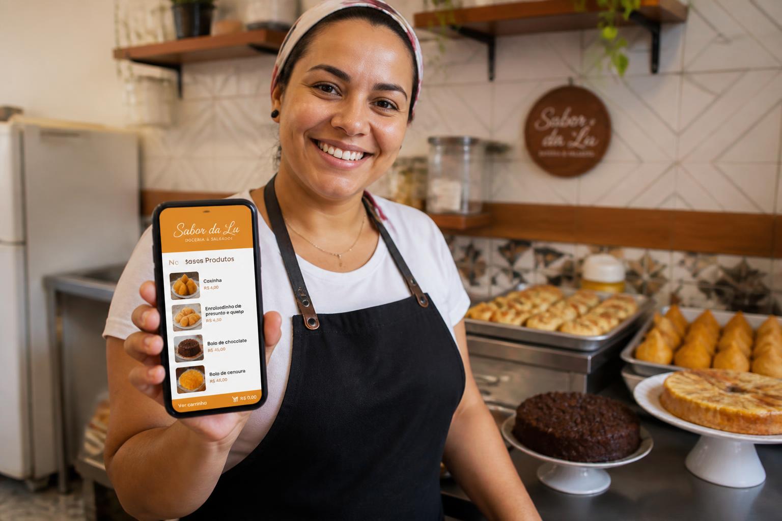 Empreendedora brasileira mostrando o cardápio online do próprio negócio no celular