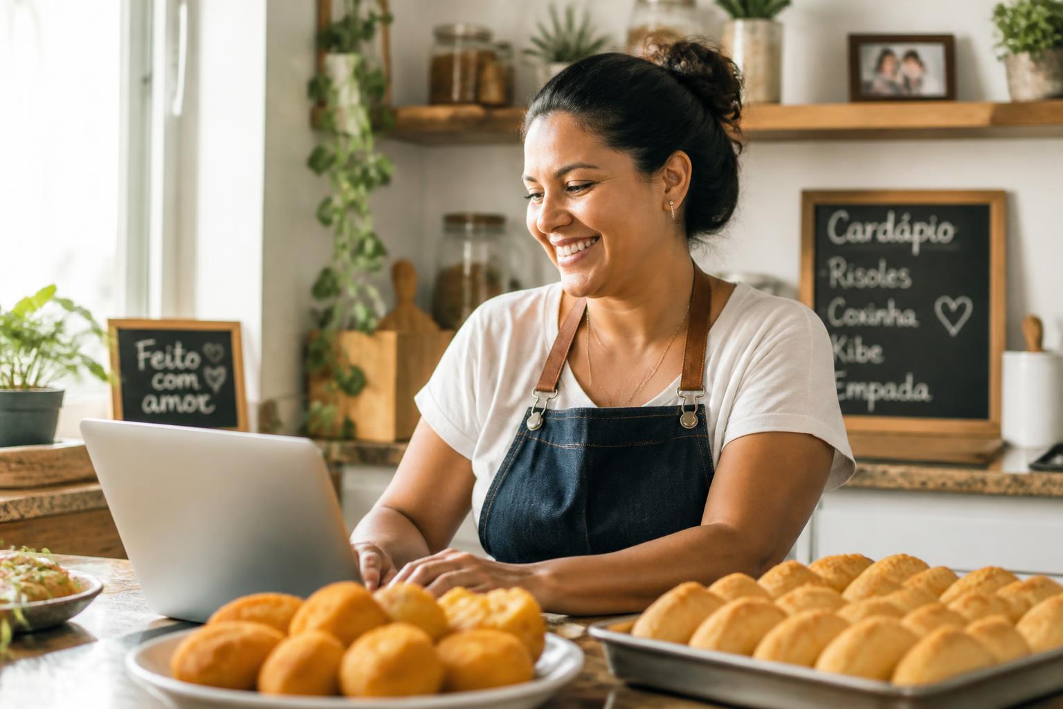 Empreendedora brasileira usando o Lucro UP na cozinha do próprio negócio